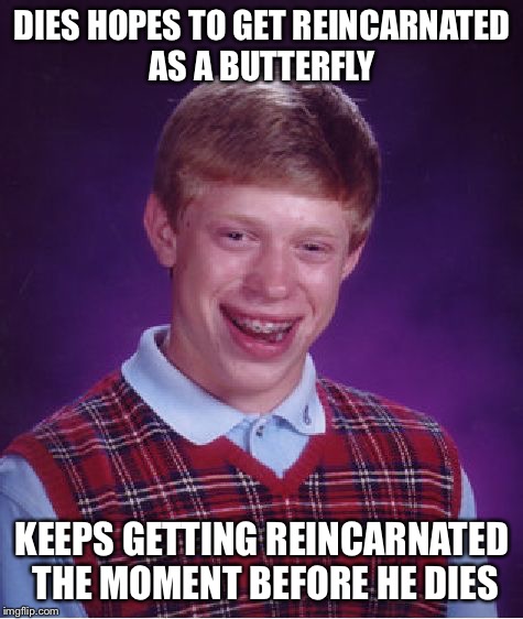 Bad Luck Brian | DIES HOPES TO GET REINCARNATED AS A BUTTERFLY; KEEPS GETTING REINCARNATED THE MOMENT BEFORE HE DIES | image tagged in memes,bad luck brian | made w/ Imgflip meme maker