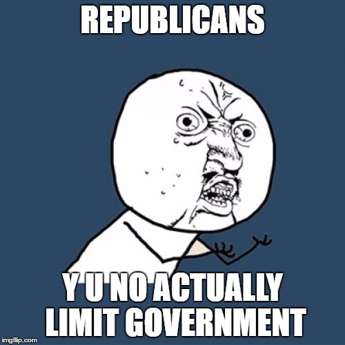 Fake Libertarian Party | REPUBLICANS; Y U NO ACTUALLY LIMIT GOVERNMENT | image tagged in memes,y u no,republicans,politics,government | made w/ Imgflip meme maker