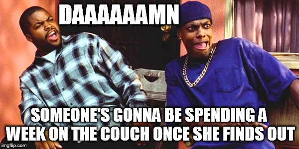 DAAAAAAMN SOMEONE'S GONNA BE SPENDING A WEEK ON THE COUCH ONCE SHE FINDS OUT | image tagged in friday daaaaamn | made w/ Imgflip meme maker