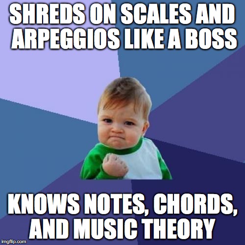 Success Kid | SHREDS ON SCALES AND ARPEGGIOS LIKE A BOSS; KNOWS NOTES, CHORDS, AND MUSIC THEORY | image tagged in memes,success kid | made w/ Imgflip meme maker