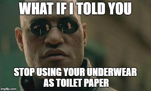 Matrix Morpheus Meme | WHAT IF I TOLD YOU STOP USING YOUR UNDERWEAR AS TOILET PAPER | image tagged in memes,matrix morpheus | made w/ Imgflip meme maker
