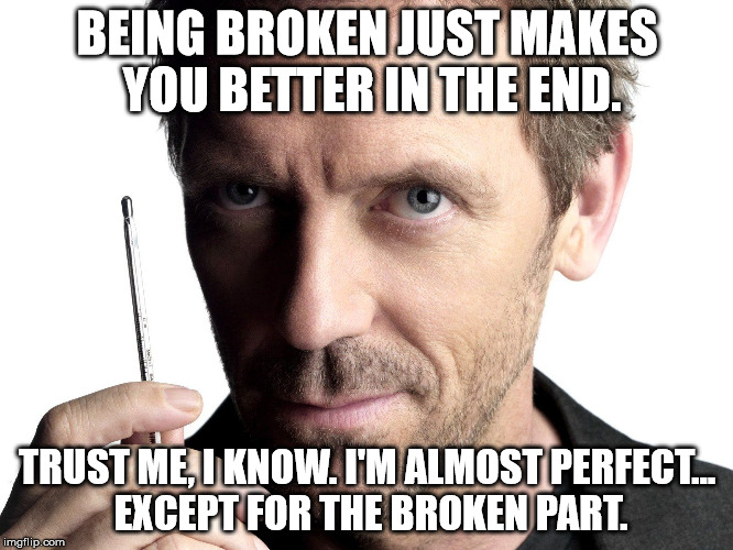 perfectly broken | BEING BROKEN JUST MAKES YOU BETTER IN THE END. TRUST ME, I KNOW. I'M ALMOST PERFECT... EXCEPT FOR THE BROKEN PART. | image tagged in broken,broken heart,sad,house | made w/ Imgflip meme maker