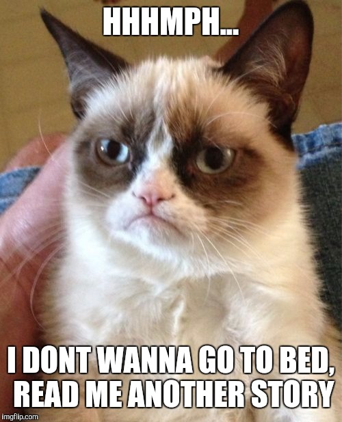 Spends Too Much Time in the Kids Room | HHHMPH... I DONT WANNA GO TO BED, READ ME ANOTHER STORY | image tagged in memes,grumpy cat,kids,kids fail | made w/ Imgflip meme maker