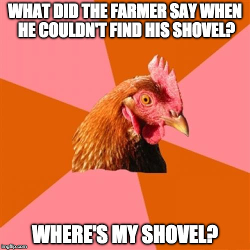 Anti Joke Chicken Meme | WHAT DID THE FARMER SAY WHEN HE COULDN'T FIND HIS SHOVEL? WHERE'S MY SHOVEL? | image tagged in memes,anti joke chicken | made w/ Imgflip meme maker