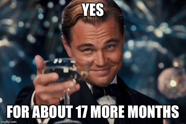 Leonardo Dicaprio Cheers Meme | YES FOR ABOUT 17 MORE MONTHS | image tagged in memes,leonardo dicaprio cheers | made w/ Imgflip meme maker