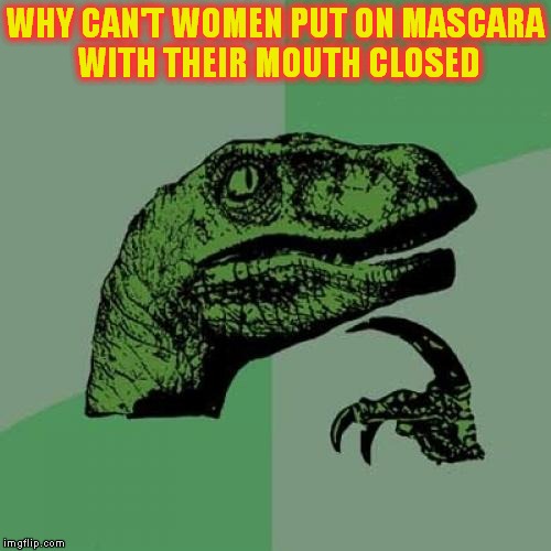 Philosoraptor Meme | WHY CAN'T WOMEN PUT ON MASCARA WITH THEIR MOUTH CLOSED | image tagged in memes,philosoraptor | made w/ Imgflip meme maker