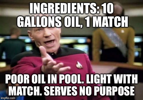 Picard Wtf Meme | INGREDIENTS: 10 GALLONS OIL, 1 MATCH POOR OIL IN POOL. LIGHT WITH MATCH. SERVES NO PURPOSE | image tagged in memes,picard wtf | made w/ Imgflip meme maker