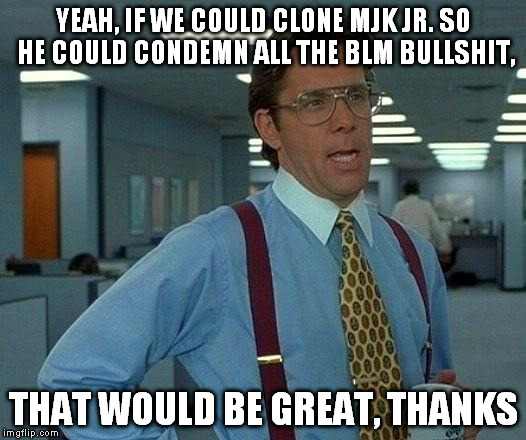 That Would Be Great Meme | YEAH, IF WE COULD CLONE MJK JR. SO HE COULD CONDEMN ALL THE BLM BULLSHIT, THAT WOULD BE GREAT, THANKS | image tagged in memes,that would be great | made w/ Imgflip meme maker