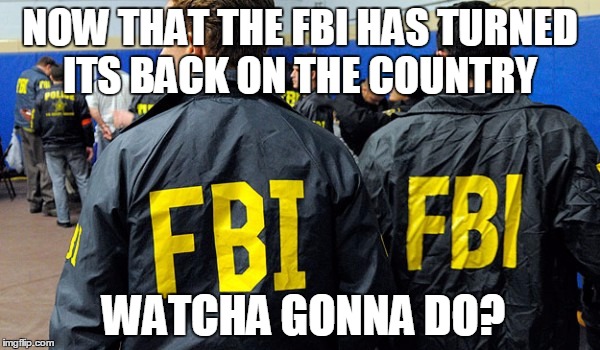 CORRUPTION CAN BE VERY SUBTLE | NOW THAT THE FBI HAS TURNED ITS BACK ON THE COUNTRY; WATCHA GONNA DO? | image tagged in fbi says no,election 2016,trump 2016,hillary clinton 2016 | made w/ Imgflip meme maker
