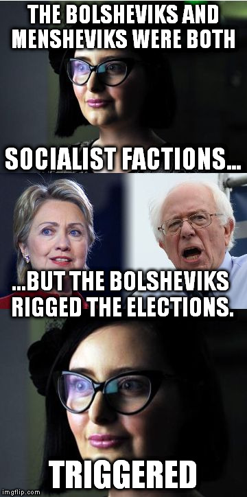 Triggered | THE BOLSHEVIKS AND MENSHEVIKS WERE BOTH; SOCIALIST FACTIONS... ...BUT THE BOLSHEVIKS RIGGED THE ELECTIONS. TRIGGERED | image tagged in triggered,memes,email scandal,hillary clinton 2016,bernie or hillary,democrats | made w/ Imgflip meme maker