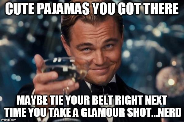 Leonardo Dicaprio Cheers Meme | CUTE PAJAMAS YOU GOT THERE MAYBE TIE YOUR BELT RIGHT NEXT TIME YOU TAKE A GLAMOUR SHOT...NERD | image tagged in memes,leonardo dicaprio cheers | made w/ Imgflip meme maker