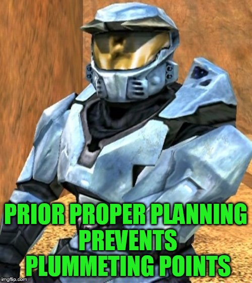 PRIOR PROPER PLANNING PREVENTS PLUMMETING POINTS | image tagged in church rvb season 1 | made w/ Imgflip meme maker
