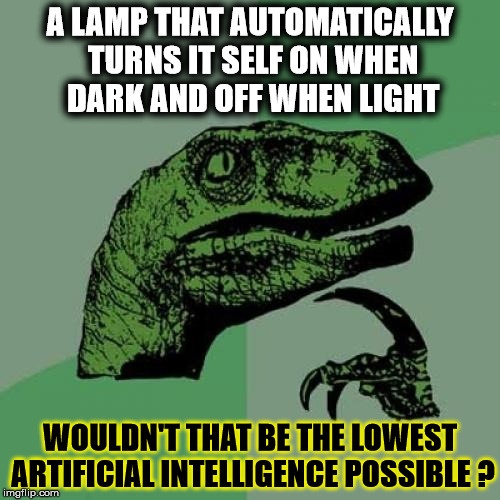 Philosoraptor | A LAMP THAT AUTOMATICALLY TURNS IT SELF ON WHEN DARK AND OFF WHEN LIGHT; WOULDN'T THAT BE THE LOWEST ARTIFICIAL INTELLIGENCE POSSIBLE ? | image tagged in memes,philosoraptor | made w/ Imgflip meme maker