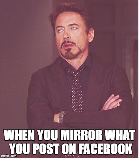 Face You Make Robert Downey Jr Meme | WHEN YOU MIRROR WHAT YOU POST ON FACEBOOK | image tagged in memes,face you make robert downey jr | made w/ Imgflip meme maker