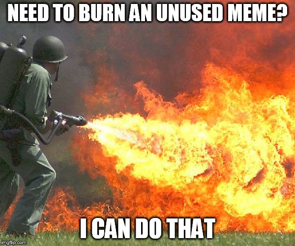 Burning The Memes | NEED TO BURN AN UNUSED MEME? I CAN DO THAT | image tagged in flamethrower,up too late,no ideas,my brain hurts,time to watch some netflix | made w/ Imgflip meme maker