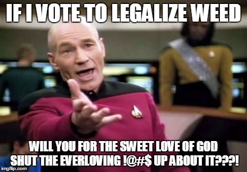 Picard Wtf Meme | IF I VOTE TO LEGALIZE WEED; WILL YOU FOR THE SWEET LOVE OF GOD SHUT THE EVERLOVING !@#$ UP ABOUT IT???! | image tagged in memes,picard wtf | made w/ Imgflip meme maker