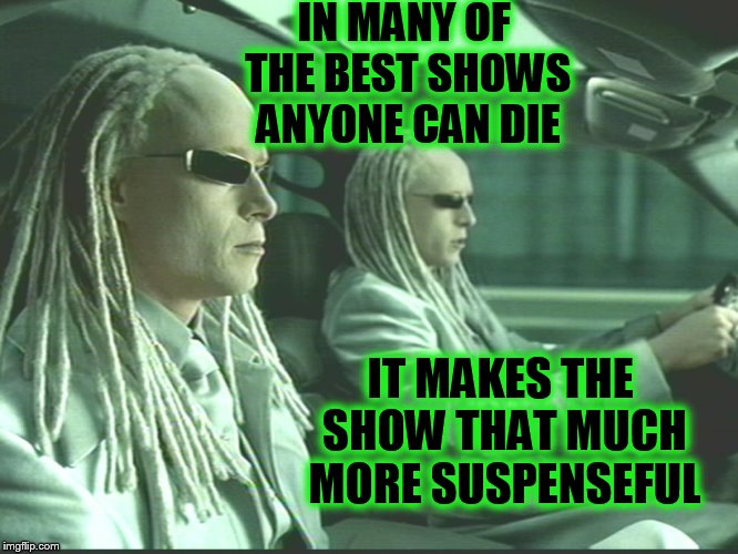 IN MANY OF THE BEST SHOWS ANYONE CAN DIE IT MAKES THE SHOW THAT MUCH MORE SUSPENSEFUL | image tagged in matrix twins | made w/ Imgflip meme maker