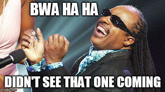 BWA HA HA DIDN'T SEE THAT ONE COMING | image tagged in stevie wonder laughing | made w/ Imgflip meme maker