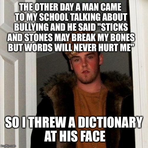 Scumbag Steve Meme | THE OTHER DAY A MAN CAME TO MY SCHOOL TALKING ABOUT BULLYING AND HE SAID "STICKS AND STONES MAY BREAK MY BONES BUT WORDS WILL NEVER HURT ME"; SO I THREW A DICTIONARY AT HIS FACE | image tagged in memes,scumbag steve | made w/ Imgflip meme maker