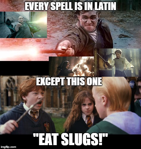 Strange there wasn't a Latin phrase for "eat slugs"... | EVERY SPELL IS IN LATIN; EXCEPT THIS ONE; "EAT SLUGS!" | image tagged in harry potter,ron weasley,slug life,latin,spell | made w/ Imgflip meme maker