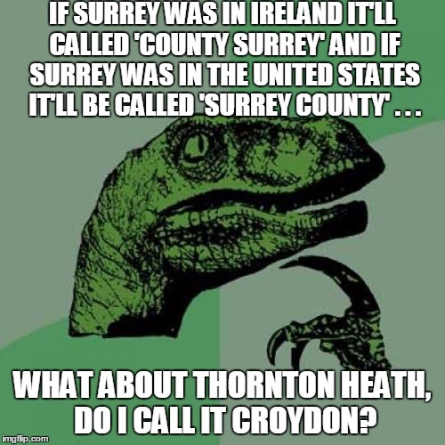 Philosoraptor Meme | IF SURREY WAS IN IRELAND IT'LL CALLED 'COUNTY SURREY' AND IF SURREY WAS IN THE UNITED STATES IT'LL BE CALLED 'SURREY COUNTY' . . . WHAT ABOU | image tagged in memes,philosoraptor | made w/ Imgflip meme maker