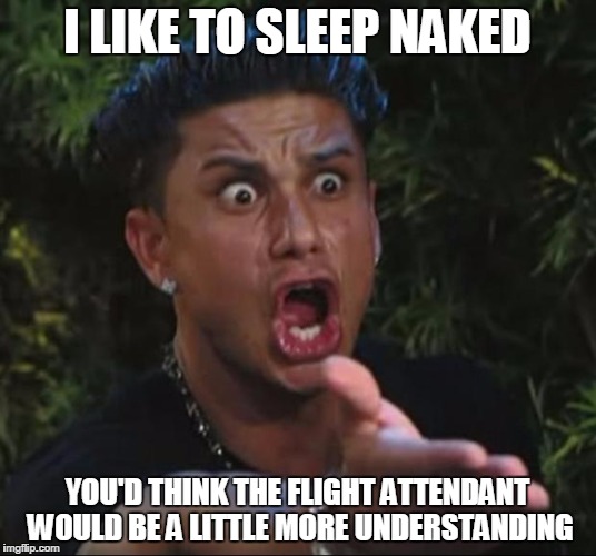 DJ Pauly D |  I LIKE TO SLEEP NAKED; YOU'D THINK THE FLIGHT ATTENDANT WOULD BE A LITTLE MORE UNDERSTANDING | image tagged in memes,dj pauly d | made w/ Imgflip meme maker