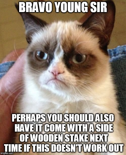Grumpy Cat Meme | BRAVO YOUNG SIR PERHAPS YOU SHOULD ALSO HAVE IT COME WITH A SIDE OF WOODEN STAKE NEXT TIME IF THIS DOESN'T WORK OUT | image tagged in memes,grumpy cat | made w/ Imgflip meme maker