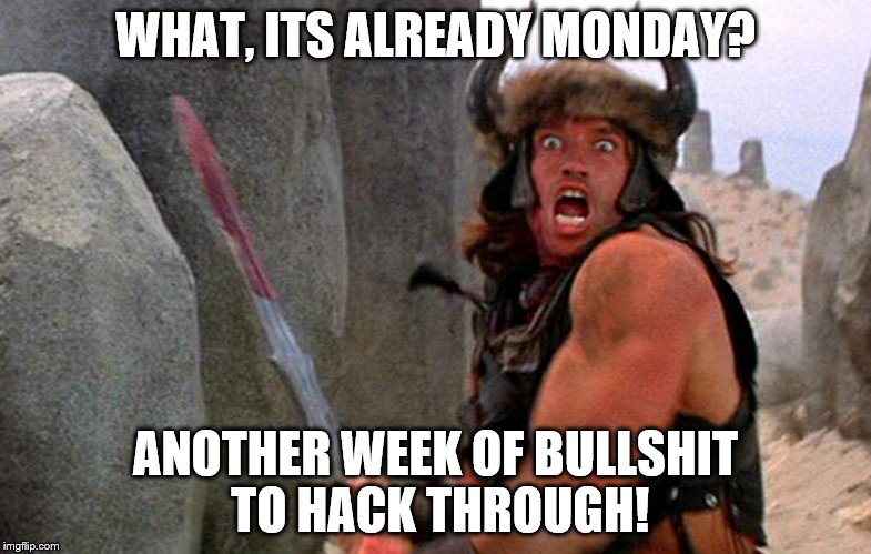 conan | WHAT, ITS ALREADY MONDAY? ANOTHER WEEK OF BULLSHIT TO HACK THROUGH! | image tagged in conan | made w/ Imgflip meme maker