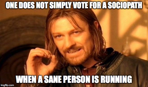 One Does Not Simply | ONE DOES NOT SIMPLY VOTE FOR A SOCIOPATH; WHEN A SANE PERSON IS RUNNING | image tagged in memes,one does not simply | made w/ Imgflip meme maker