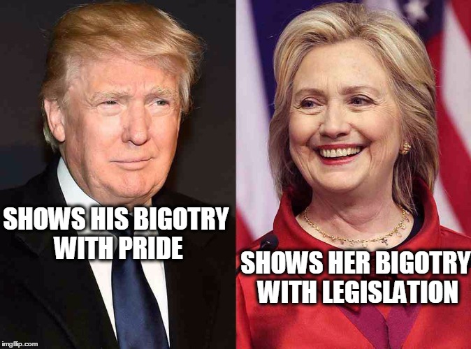 America votes for bigotry | SHOWS HIS BIGOTRY WITH PRIDE; SHOWS HER BIGOTRY WITH LEGISLATION | image tagged in trump clinton,bigotry,bigot,hillary clinton,trump,2016 presidential candidates | made w/ Imgflip meme maker