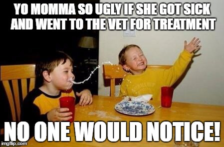 Yo Momma So Ugly | YO MOMMA SO UGLY IF SHE GOT SICK AND WENT TO THE VET FOR TREATMENT; NO ONE WOULD NOTICE! | image tagged in yo momma so fat | made w/ Imgflip meme maker