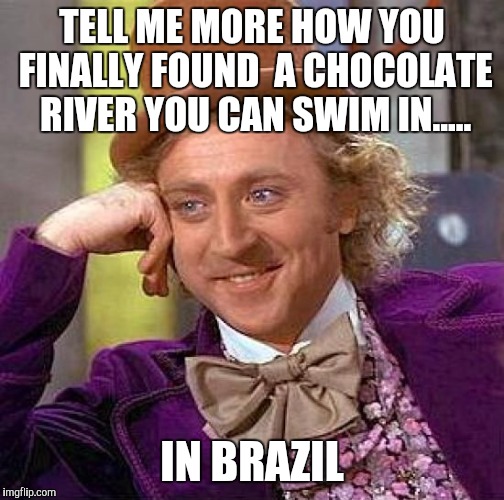 Creepy Condescending Wonka Meme | TELL ME MORE HOW YOU FINALLY FOUND  A CHOCOLATE RIVER YOU CAN SWIM IN..... IN BRAZIL | image tagged in memes,creepy condescending wonka | made w/ Imgflip meme maker