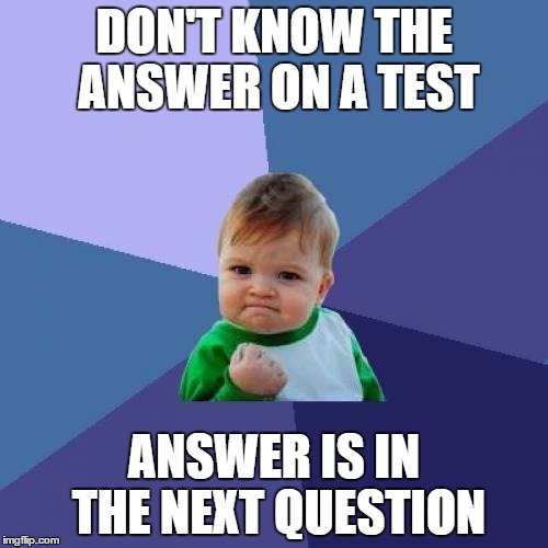 Hooray for Stupidity!! | DON'T KNOW THE ANSWER ON A TEST; ANSWER IS IN THE NEXT QUESTION | image tagged in memes,success kid | made w/ Imgflip meme maker