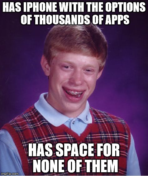 Bad Luck Brian Meme | HAS IPHONE WITH THE OPTIONS OF THOUSANDS OF APPS; HAS SPACE FOR NONE OF THEM | image tagged in memes,bad luck brian | made w/ Imgflip meme maker