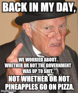 Back In My Day Meme | BACK IN MY DAY, WE WORRIED ABOUT WHETHER OR NOT THE GOVERNMENT WAS UP TO SHIT, NOT WHETHER OR NOT PINEAPPLES GO ON PIZZA. | image tagged in memes,back in my day | made w/ Imgflip meme maker
