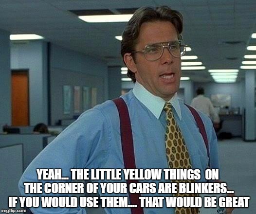 That Would Be Great | YEAH... THE LITTLE YELLOW THINGS  ON THE CORNER OF YOUR CARS ARE BLINKERS... IF YOU WOULD USE THEM.... THAT WOULD BE GREAT | image tagged in memes,that would be great | made w/ Imgflip meme maker