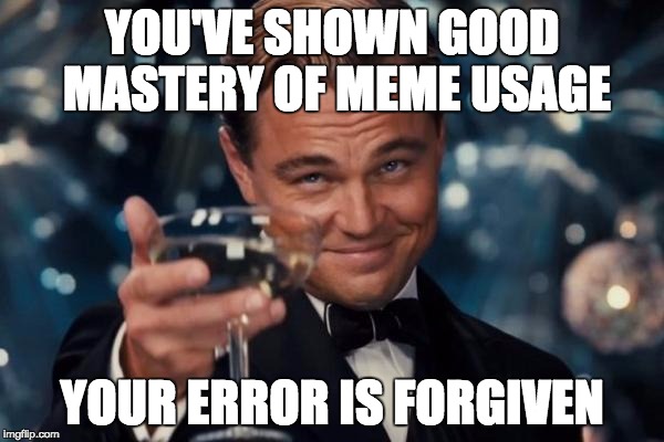 Leonardo Dicaprio Cheers Meme | YOU'VE SHOWN GOOD MASTERY OF MEME USAGE; YOUR ERROR IS FORGIVEN | image tagged in memes,leonardo dicaprio cheers | made w/ Imgflip meme maker