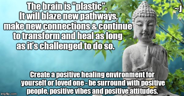 Neuroplasticity | The brain is "plastic".  It will blaze new pathways, make new connections & continue to transform and heal as long as it’s challenged to do so. ~J; Create a positive healing environment for yourself or loved one - be surround with positive people, positive vibes and positive attitudes. | image tagged in buddha peaceful,memes | made w/ Imgflip meme maker