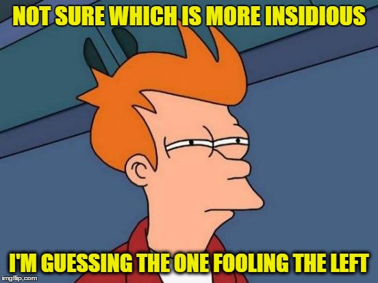 Futurama Fry Meme | NOT SURE WHICH IS MORE INSIDIOUS I'M GUESSING THE ONE FOOLING THE LEFT | image tagged in memes,futurama fry | made w/ Imgflip meme maker