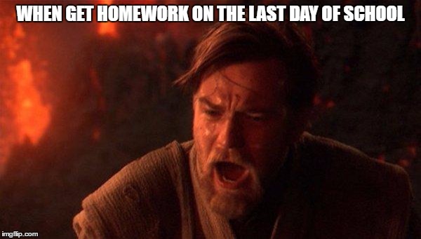 You Were The Chosen One (Star Wars) | WHEN GET HOMEWORK ON THE LAST DAY OF SCHOOL | image tagged in memes,you were the chosen one star wars | made w/ Imgflip meme maker