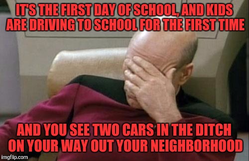I know the road out my neighborhood is narrow, but come on maaaaan! | IT'S THE FIRST DAY OF SCHOOL, AND KIDS ARE DRIVING TO SCHOOL FOR THE FIRST TIME; AND YOU SEE TWO CARS IN THE DITCH ON YOUR WAY OUT YOUR NEIGHBORHOOD | image tagged in memes,captain picard facepalm | made w/ Imgflip meme maker