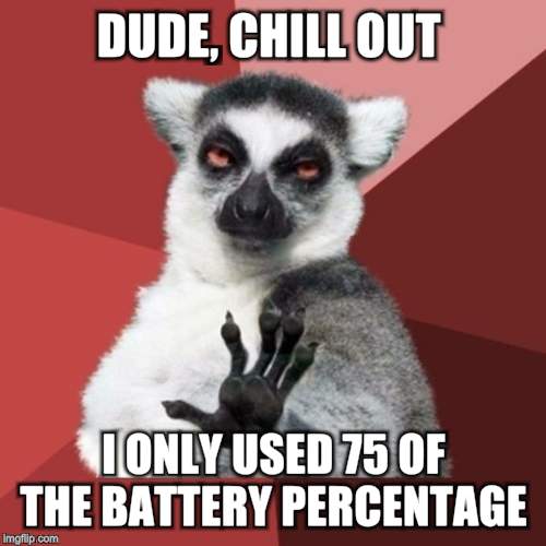 Chill Out Lemur Meme | DUDE, CHILL OUT; I ONLY USED 75 OF THE BATTERY PERCENTAGE | image tagged in memes,chill out lemur | made w/ Imgflip meme maker