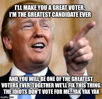 I'LL MAKE YOU A GREAT VOTER. I'M THE GREATEST CANDIDATE EVER AND YOU WILL BE ONE OF THE GREATEST VOTERS EVER. TOGETHER WE'LL FIX THIS THING. | made w/ Imgflip meme maker