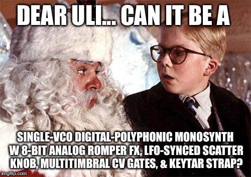 Ralphie Christmas Story 1 | DEAR ULI... CAN IT BE A; SINGLE-VCO DIGITAL-POLYPHONIC MONOSYNTH W 8-BIT ANALOG ROMPER FX, LFO-SYNCED SCATTER KNOB, MULTITIMBRAL CV GATES, & KEYTAR STRAP? | image tagged in ralphie christmas story 1 | made w/ Imgflip meme maker