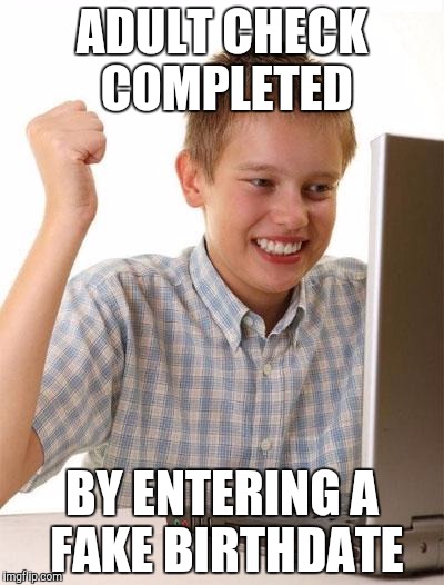 First Day On The Internet Kid Meme | ADULT CHECK COMPLETED; BY ENTERING A FAKE BIRTHDATE | image tagged in memes,first day on the internet kid | made w/ Imgflip meme maker