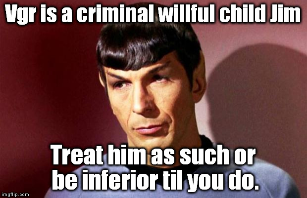 IS NOT.  Is too.  IS NOT.  IS TOO.. lol | Vgr is a criminal willful child Jim; Treat him as such or be inferior til you do. | image tagged in sassy spock | made w/ Imgflip meme maker