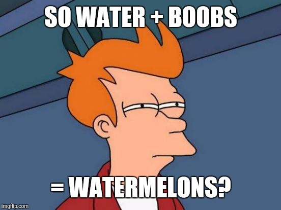 Futurama Fry Meme | SO WATER + BOOBS = WATERMELONS? | image tagged in memes,futurama fry | made w/ Imgflip meme maker