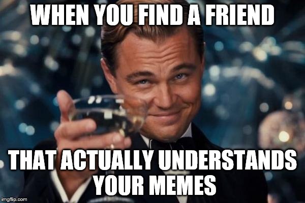 Leonardo Dicaprio Cheers Meme | WHEN YOU FIND A FRIEND; THAT ACTUALLY UNDERSTANDS YOUR MEMES | image tagged in memes,leonardo dicaprio cheers | made w/ Imgflip meme maker