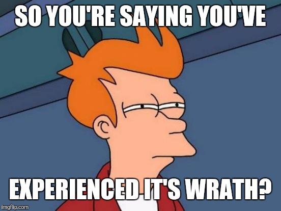 Futurama Fry Meme | SO YOU'RE SAYING YOU'VE EXPERIENCED IT'S WRATH? | image tagged in memes,futurama fry | made w/ Imgflip meme maker
