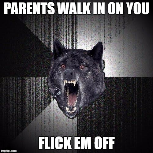 Insanity Wolf | PARENTS WALK IN ON YOU; FLICK EM OFF | image tagged in memes,insanity wolf | made w/ Imgflip meme maker